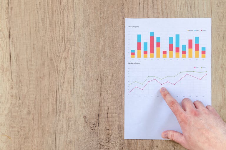 Veddys, Person Pointing Paper Line Graph